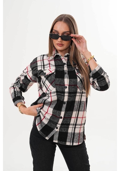 Polologin Butik Kadın Siyah Beyaz Kırmızı Çizgi Detaylı Gömlek Siyah