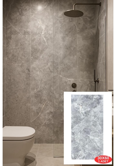 60x30cm Shiny Soft Gri Mermer Desenli Yapışkanlı Mutfak Banyo Kaplama Duvar Paneli Kağıdı Cf-101 Gri