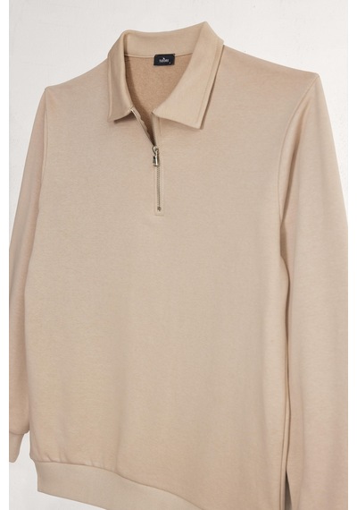 Tudors Erkek Relax Fit Rahat Kesim Pamuklu 3 İplik Fermuarlı Polo Yaka Taş Sweatshirt-41821 Taş