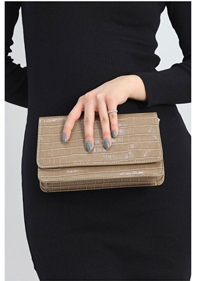 Lovelystore Kroko Desenli 3 Gözlü Günlük Kadın Mini El & Omuz Çantası 24x12 VİZON