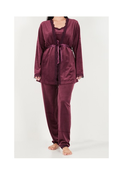 Lela Regular Fit Dantelli Yumuşak Dokulu Sabahlıklı Kadife Pijama Takımı Kadın Pijama Takımı 6095545 Mürdüm MÜRDÜM