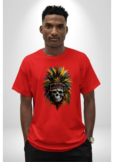 Kurukafa İskelet Kızılderili Tüy Kartal Şefi Pamuklu Bisiklet Yaka Unisex Oversize Boyfriend Dijital Baskılı Kırmızı T-shirt Kırmızı