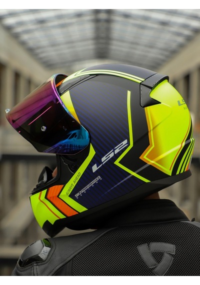 Rapid 2 Extra Race Full Face Motosiklet Kaskı Yarış Spoiler + Şeffaf + Gökkuşağı Vizörlü Mat Sarı - Mavi