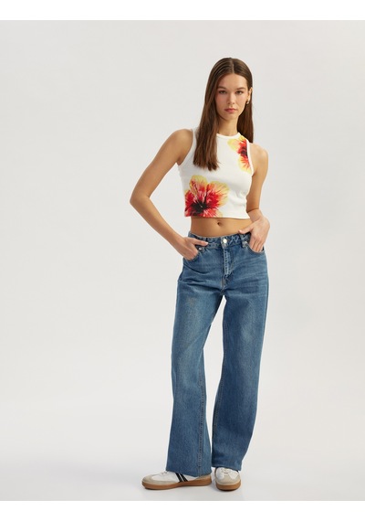 Koton Çiçek Baskılı Kolsuz Bisiklet Yaka Slim Fit Üst Ekru 5sal30100ık Ekru