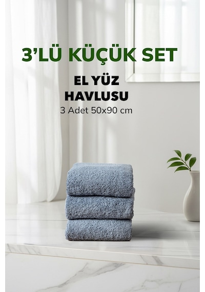3 Lü Karelii Mavi Renk Yumuşak Pamuk El Yüz Havlusu Seti 50x90 Cm