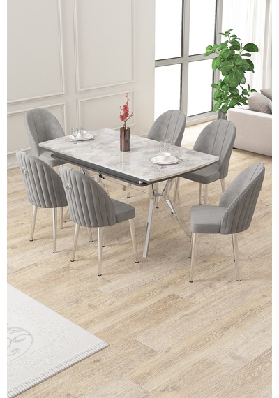 Canisa Sim Serisi 89x150 Açılabilir Lak Panel Rampla Gri Krom Ayak Masa Takımı Ve 6 Gri Sandalye Masa Rampla Gri Sandalye Gri Krom Ayak Canisa Sim Serisi 89x150 Açılabilir Lak Panel Rampla Gri Krom Ayak Masa Takımı Ve 6 Gri Sandalye Masa Rampla Gri Sandalye Gri Krom Ayak