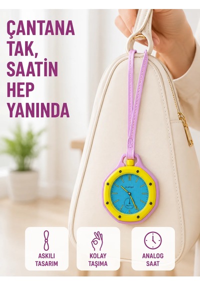 Anahtarlık Çanta Charmı Askılı Analog Dekoratif Saat Pembe