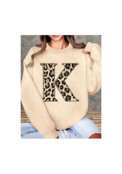 Herkesemoda Baskılı Bisiklet Yaka İçi Polarlı Sweatshirt Bej