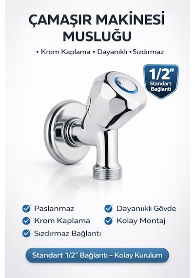 Çamaşır Makinesi Musluğu 1/2'' Krom Pirinç Dayanıklı Sızdırmaz Bulaşık Makinesi Uyumlu Metalik