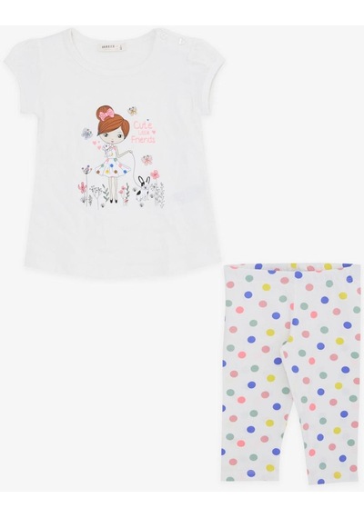 Breeze Kız Bebek Çocuk Pamuklu Renkli Puantiyetili Taytlı Takım-12726-krem Krem
