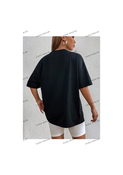 Startmore Kadın Beyaz Houston Baskılı Oversize Siyah
