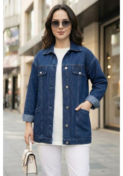 Hb Harma Time Butik Kadın Cep Detaylı Denim Lacivert Kot Ceket