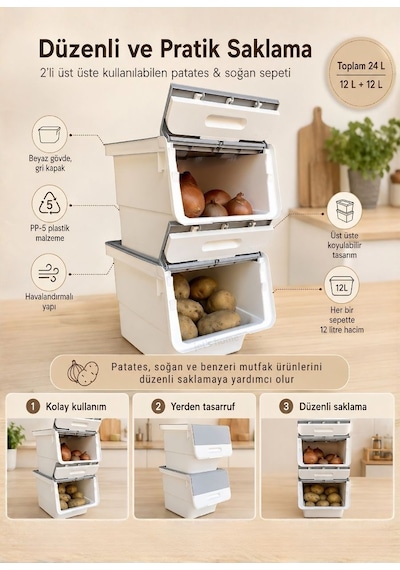 2 Li Gri Tekerlekli Sebzelik Patates Soğan Sepeti Modern Organizer Patateslik Basic Soğanlık 24 L Gri-beyaz