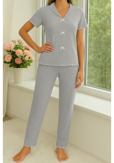 Bella Notte Pamuklu Gri Fiyonk Detaylı Mevsimlik Pijama Takımı