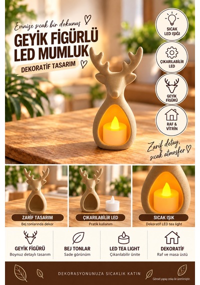 Geyik Figürlü Dekoratif Led Mumluk Bej, Çıkarılabilir Led Tea Light