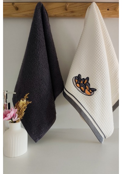 2 Li Mutfak Havlusu %100 Pamuk - Midye Nakışlı - 40x60 Cm Antrasıt Antrasit