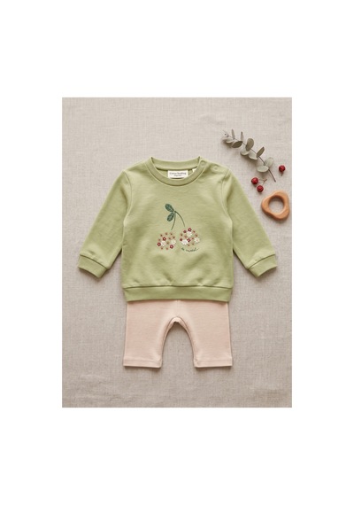 Deniva Kids Organik Pamuklu Yeşil Kiraz Nakışlı Bebek Kız Alt Üst Takım - 9 - 12 Ay
