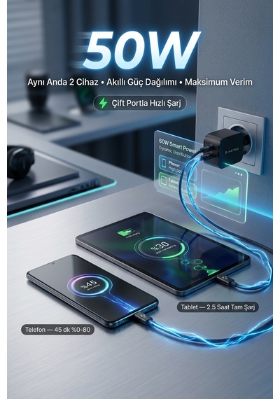 50w Çift Portlu Usb-c Girişli Akıllı Hızlı Şarj Adaptör Kablo Seti - Pd Ve Qc Destekli