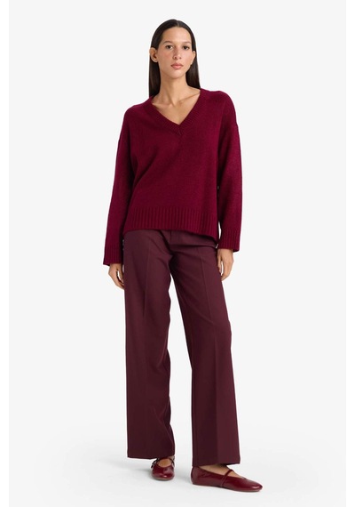 Defacto Oversize Geniş Kalıp V Yaka Kazak G2141ax26spbr327 Bordo-br327