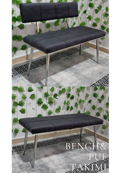 Özcan Metal Krom Metal Ayaklı Bench Sırtlı Mutfak Salon Antre Yatak Odası Puf Bank Oturak Takımı Antrasitgri