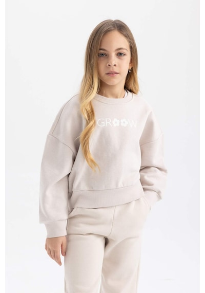 Defacto Kız Çocuk Relax Fit Bisiklet Yaka Baskılı Kalın Sweatshirt B4675A823WNGR54 Gri