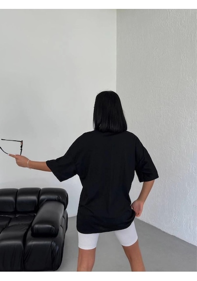 Vinevesta Kadın Kısa Kol Yazlık Tişört Bisiklet Yaka Los Angeles Baskılı T-shirt - Siyah Çok Renkli