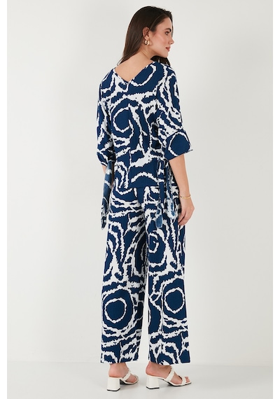 Lela Desenli Regular Fit Truvakar Kol V Yaka Alt-Üst Bayan Takım 5865357 Lacivert