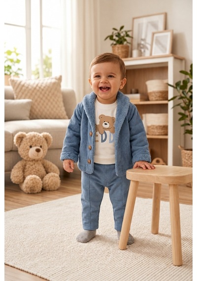 Ahengim Erkek Bebek 3 Parça Takım Ayıcık Baskılı Tişört Hırka Ve Pantolon Seti Ak8536 Bebe Mavi