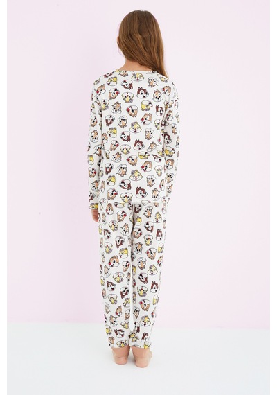 Siyah İnci Kız Çocuk Renkli Desenli Pamuklu Pijama Takım 24225702 Ekru
