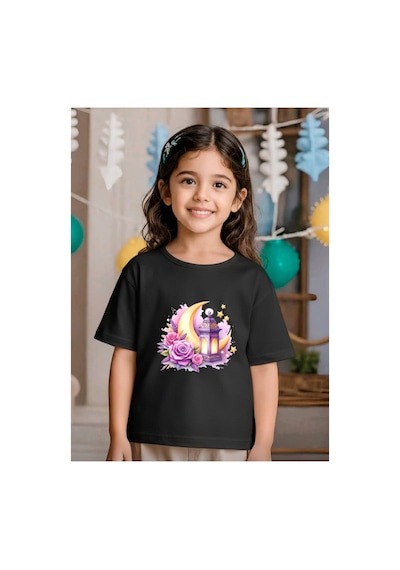 Stil-x Ramazan Bayramı Baskılı Kız Çocuk Tshirt, %100 Pamuklu Kumaş Siyah