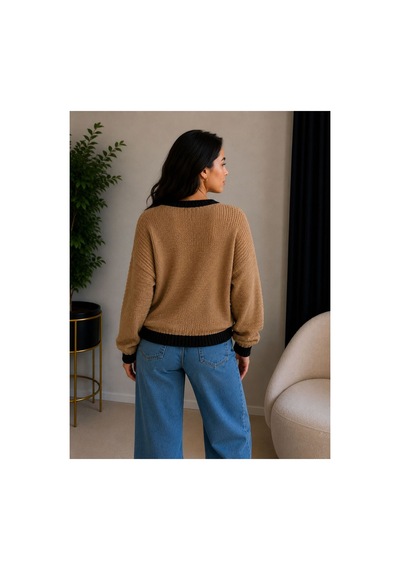 Hira Life Fashion Kadın V Yaka Düğmeli Şeritli Kısa Crop Ceket-hırka Vizon Vizon
