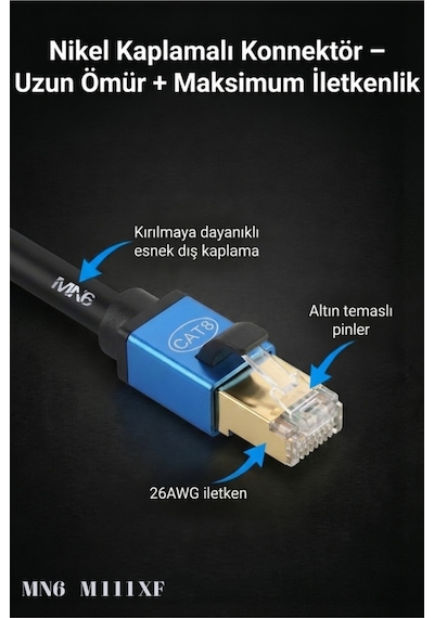 M111xf 3 Metre Cat8 Kablo/40 Gbps Ye Kadar Hiz-3 Metre Cat8 Ethernet Kablosu-26awg-s/ftp-2000mhz 3 Metre