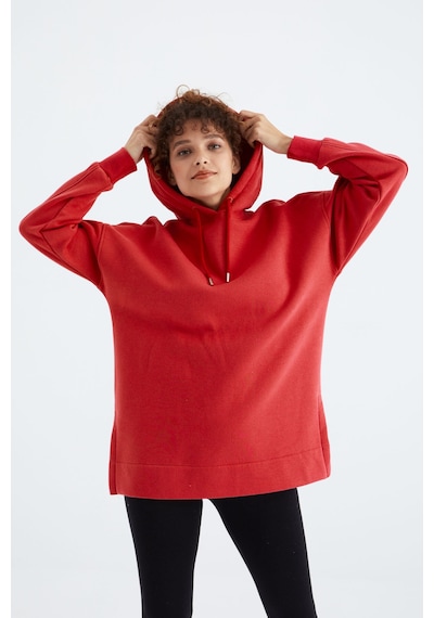 Tommy Life Fiesta Reglan Kol Basic Kapüşonlu Oversize Sweatshirt Tunik - 97242 Kırmızı