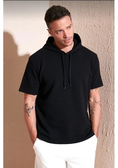 Erkek Kapüşonlu Tişört Kısa Kol Düz Oversize T-shirt - Siyah