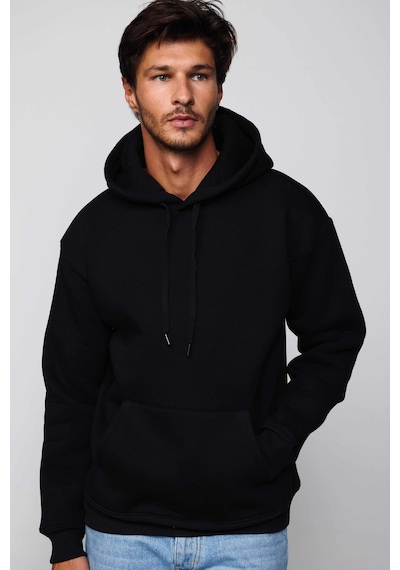 Tudors Unisex Oversize Geniş Kesim Pamuklu Yumuşak Dokulu İçi Polarlı Basic Siyah Kapüşonlu Sweatshirt-29703-siyah Siyah