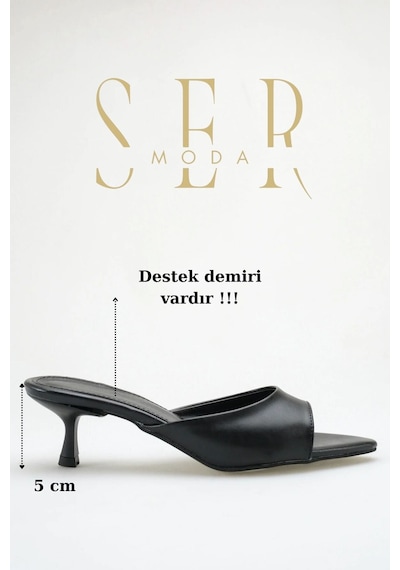 Sermoda Topuklu Kadın Terlik - 5 Cm İnce Topuklu Sivri Burun Kadın Terlik Siyah