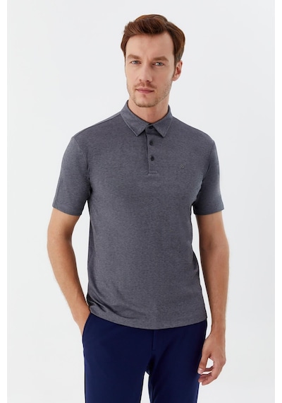 Sabri Özel Erkek Gri Dar Kesim Slim Fit Pamuklu Dokuma Düğmeli Polo Yaka Tişört Siyah