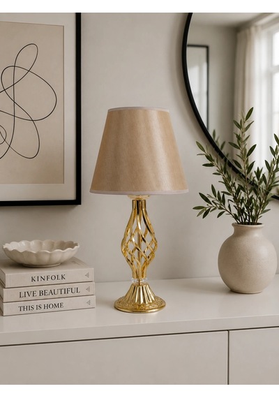 Kumaş Başlık Gold Burgulu Ayaklı Modern Abajur 55x25cm