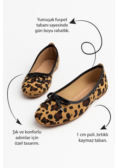 Günlük Kadın Babet Oval Burunlu Fiyonklu Rahat Kalıp Tırtıklı Taban Balerin Ayakkabı 112 Bej Leopar