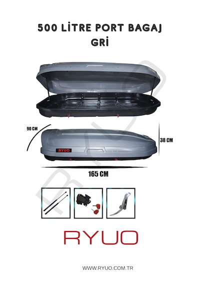 Ryuo Araç Üstü Tabut Port Bagaj 500 Litre Gri