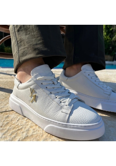 Twingold Kalın Ortopedik Tabanlı %100 Deri Sneaker Spor Ayakkabı - Beyaz Beyaz