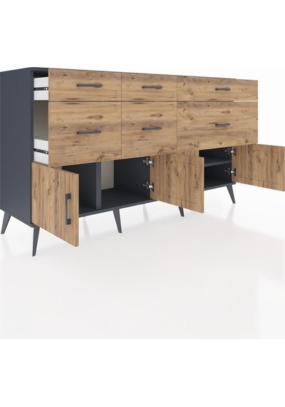 Kronos Konsol Tek Raflı 6 Çekmeceli 4 Kapaklı 176x59x99 Antrasit- Antrasit-çam