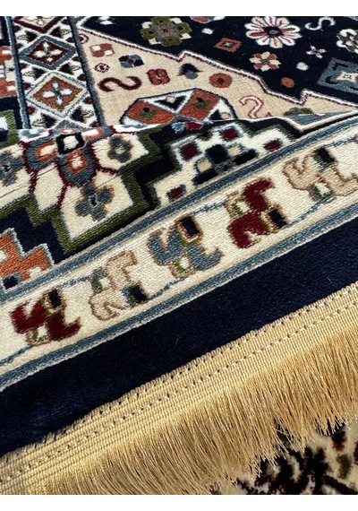 Asaryün Halı Ipek H4320al Lacivert İpeksi Geleneksel Renkli Göbekli Klasik Desen Salon Halısı Modern Renkli