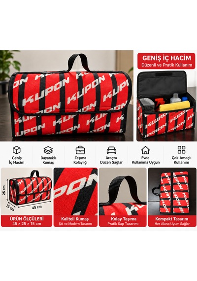Kupon Desenli Araba Bagaj Çantası 45x25x15 Cm Oto Bagaj Organizer Kapaklı Cırtlı Düzenleyici