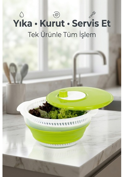 Katlanabilir Salata Kurutucu - Süzgeç Ve Kase Seti - 3 Ü 1 Arada 4.5 Litre Yeşil