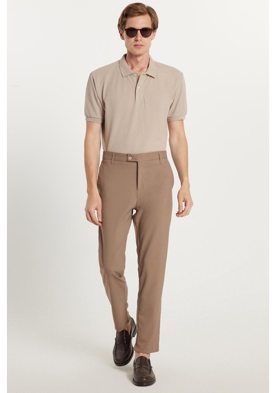 Tudors Erkek Slim Fit Dar Kesim Esnek Yan Cepli Bilek Boy Canvas Kesim Kahverengi Pantolon-34760 Kahverengi