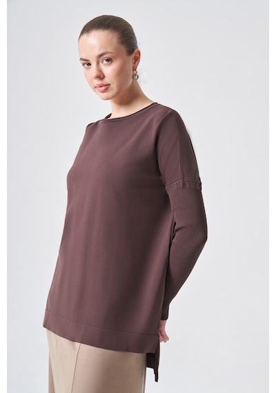 Nuss Kolları Lastik Örme Tunik 116 Kahverengi