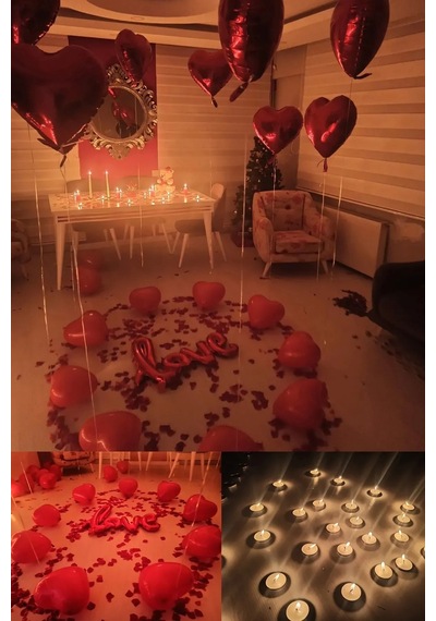 Sevgili Set Kuru Gül Yaprağı,banner,20 Kalp Balon,20 Beyaz Mum Ro