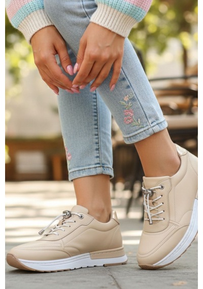 Napa Shoes Hakiki Deri Hızlı Bağcıklı Ortopedik Taban Spor Ayakkabı Napa-383 Bej