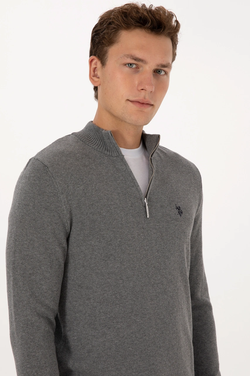 U.S. Polo Assn. Erkek Slim Fit Yarım Fermuarlı Gri Melanj Basic Kazak 50313695-VR109